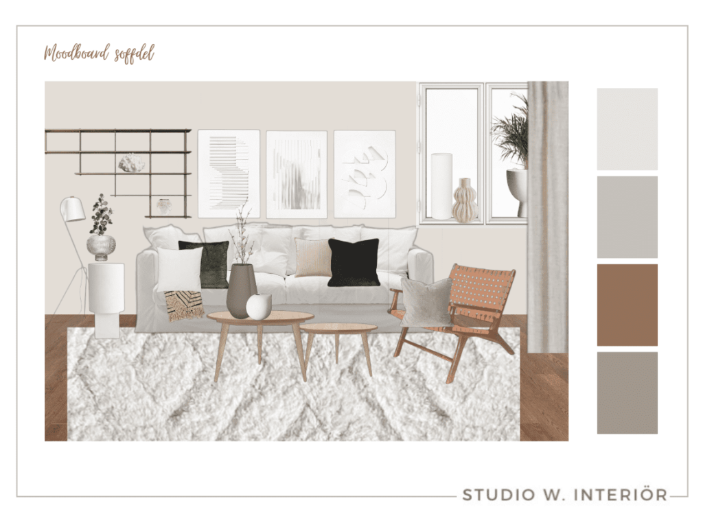 Moodbord Soffdel - Exempel på interiorstyling av Studio W. Interiör, din pålitliga digitala inredare i varberg och kungsbacka