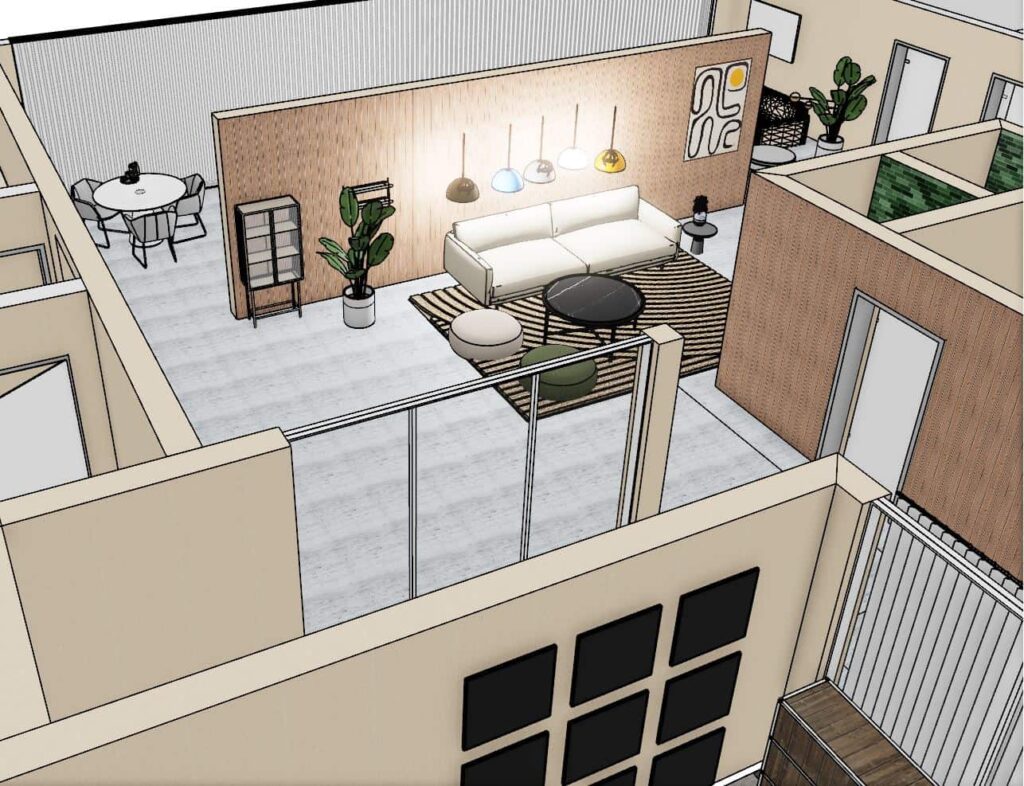 Ritning över kontoret Ritning över kontoret (delbild). Ni får ritning i 3D så att ni kan röra er på er arbetsplats och få känslan av hur det kommer att bli.